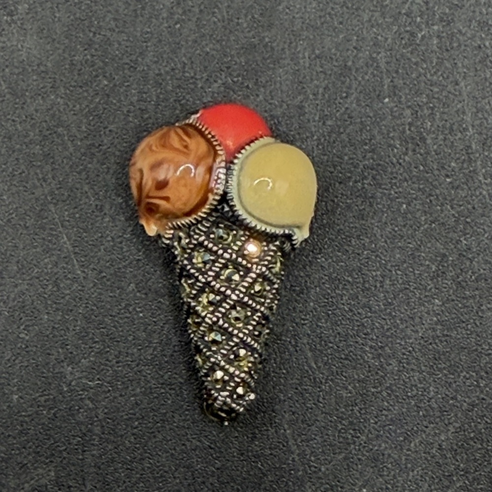 Judith Jack Sterling Silver Marcasite Enamel Ice Cream Cone Brooch Pin Jewelry - Picture 4 of 13